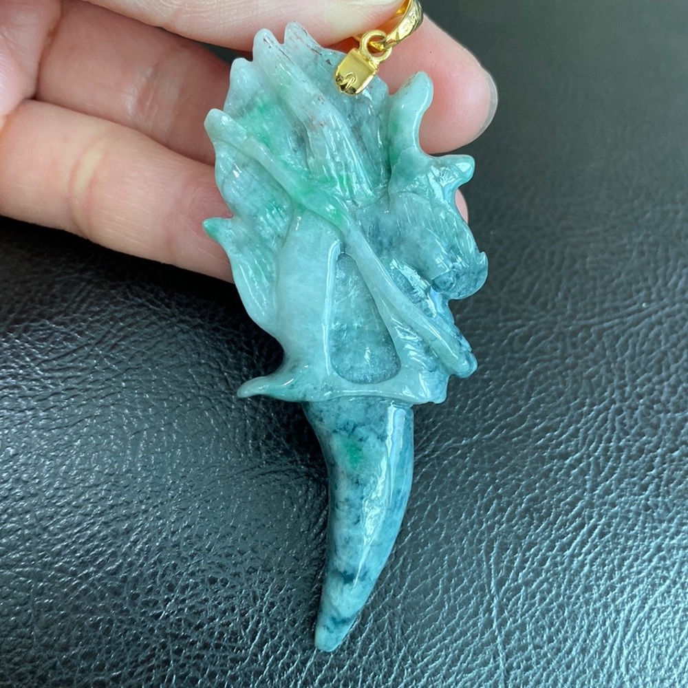 14K Solid Real Gold Carving 3D Jade Dragon Animal Tooth Shape Pendant Large Men
